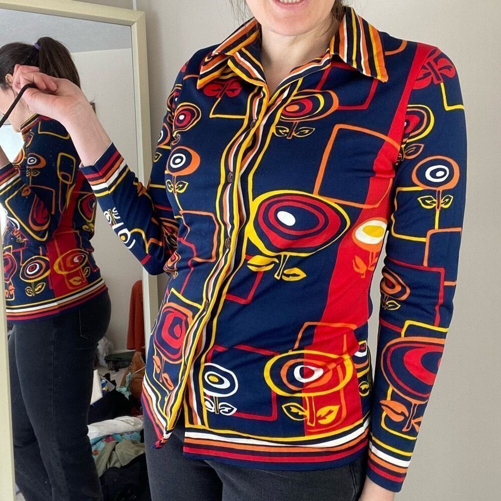 VTG 70s Psychedelic Mod Disco Shirt Geometric Print Fitted Button Up Top - Picture 1 of 13